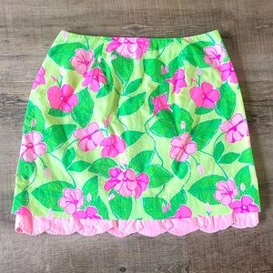 Lily Pulitzer floral pink green skirt scalloped tulip hem EUC